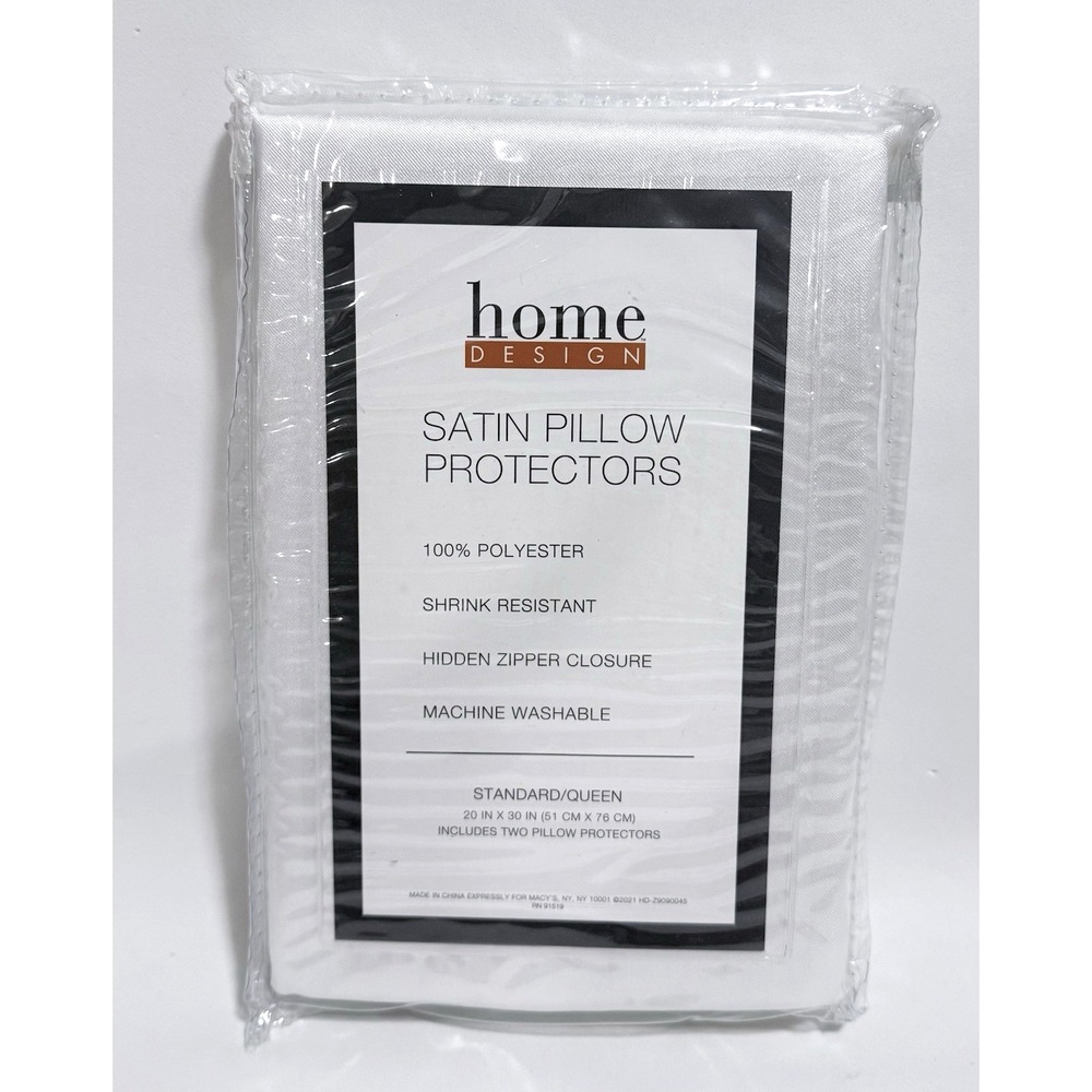 Home Design Satin Pillow Protectors White 2Pc Standard Queen Zipper